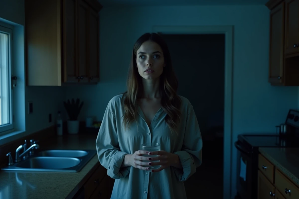 Femme pensive debout dans la cuisine la nuit, verre d'eau à la main, reflet d'une vie de couple silencieuse
