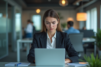 Jeune femme professionnelle avec ordinateur et avertissement de securite