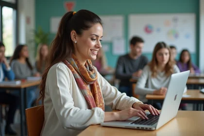 Femme en classe moderne travaillant sur un ordinateur portable
