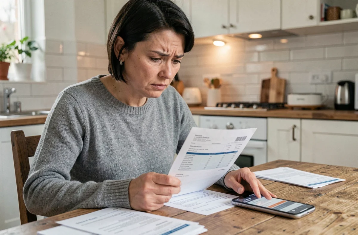 Femme consultant un relevé bancaire avec inquiétude face à un prélèvement abusif Chubb