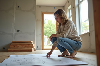 Femme examinant des plans de rénovation dans une maison en construction