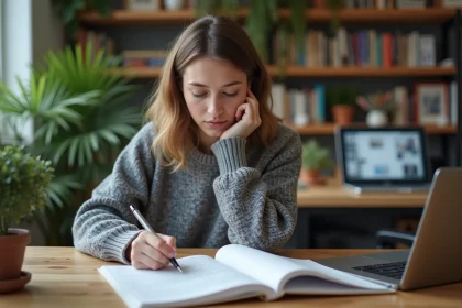 Femme concentr&eacute;e r&eacute;solvant un puzzle dans un bureau lumineux