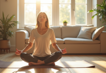 Jeune femme pratiquant la respiration profonde dans un salon lumineux