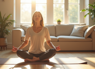 Jeune femme pratiquant la respiration profonde dans un salon lumineux
