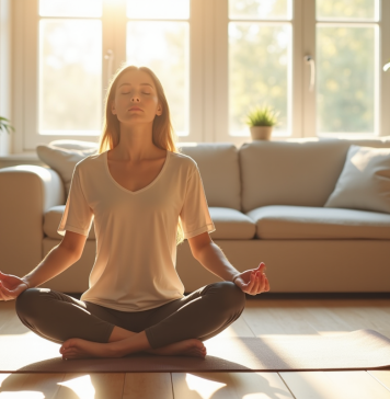 Jeune femme pratiquant la respiration profonde dans un salon lumineux