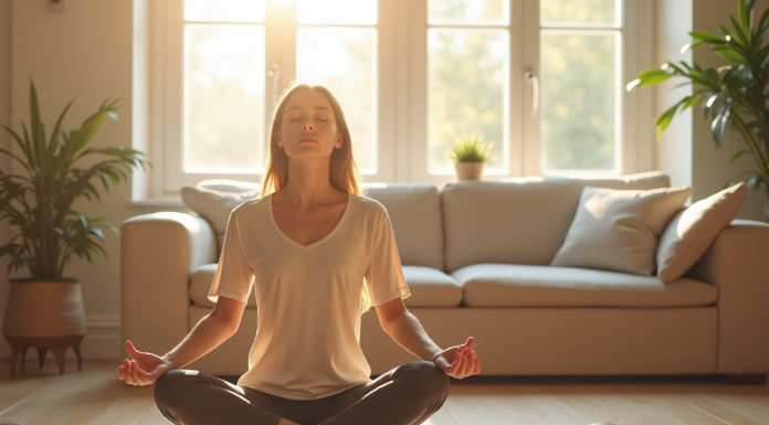 Jeune femme pratiquant la respiration profonde dans un salon lumineux