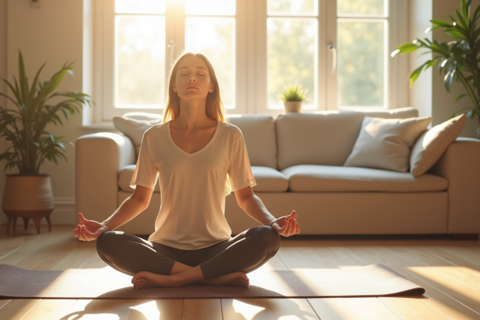 femme-respiration-douce-matin Jeune femme pratiquant la respiration profonde dans un salon lumineux