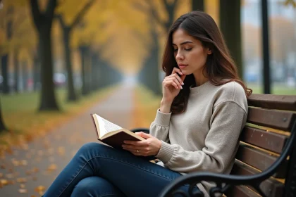 Femme assise sur un banc en automne lisant un carnet