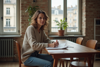 Femme d'âge moyen examine des documents de location dans une cuisine parisienne