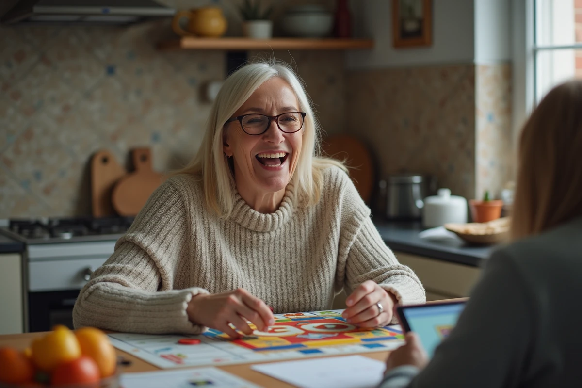 Femme souriante partageant une stratégie de jeu dans la cuisine
