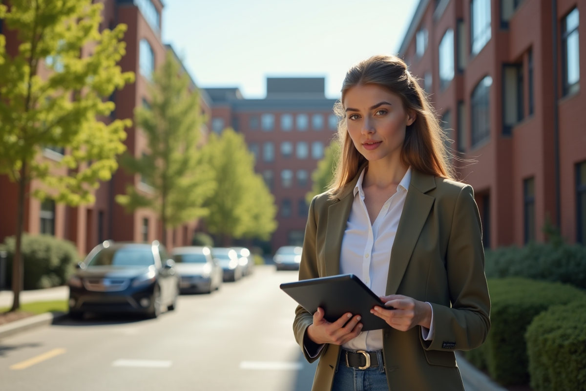 Jeune femme avec tablette dans une rue résidentielle ensoleillee