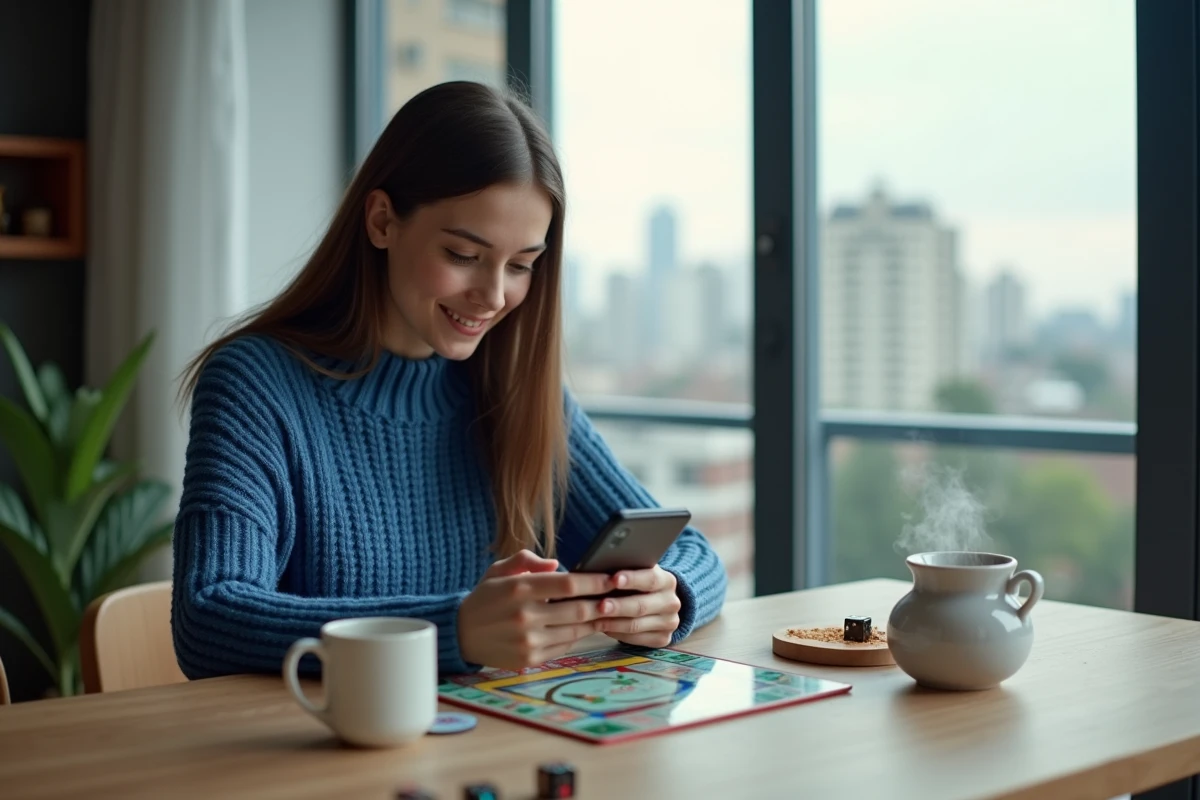 Jeune femme avec un jeu Monopoly dans un appartement moderne