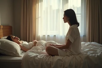 Femme songeuse assise au bord du lit la nuit pendant que son partenaire dort, symbolisant la solitude dans le couple