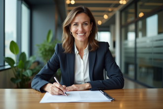 Femme d affaires signant des documents officiels dans un bureau moderne