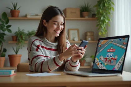 Jeune femme utilisant son smartphone avec Monopoly GO &agrave; la maison