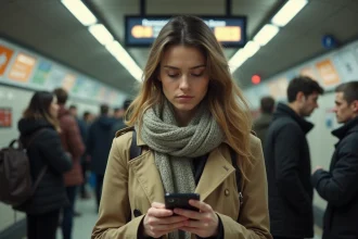 Jeune femme dans le métro parisien vérifiant son smartphone