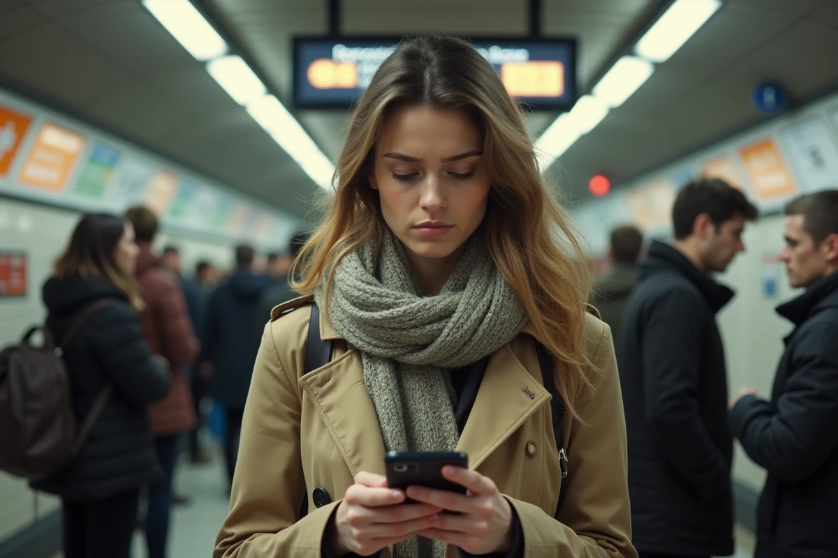 Jeune femme dans le métro parisien vérifiant son smartphone