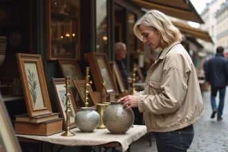 Femme examinant un vase vintage sur un stand des Puces de la Porte de Vanves à Paris