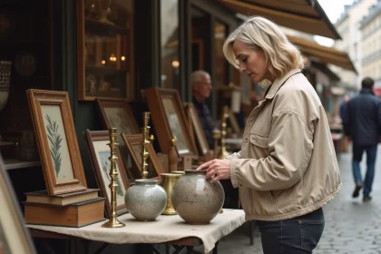Femme examinant un vase vintage sur un stand des Puces de la Porte de Vanves à Paris
