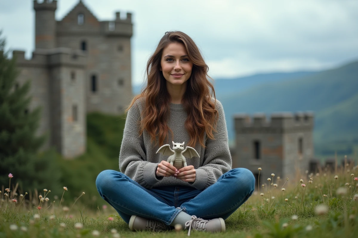 Femme adulte en jeans et pull dans un décor de ruines de château avec figurine de dragon