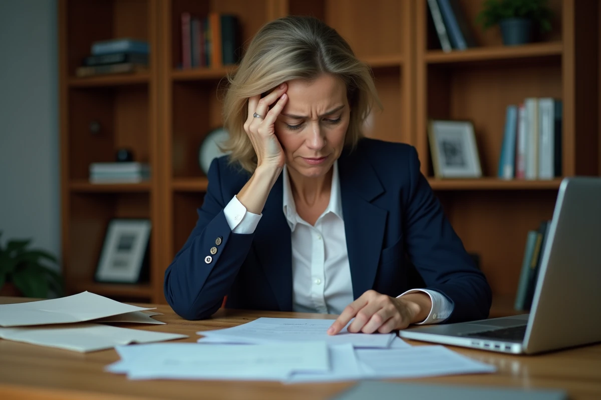 Femme stressée face à des lettres de huissier sur son bureau, symbolisant le harcèlement de recouvrement