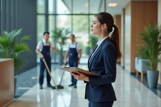 Femme en costume surveillant le nettoyage d'un bureau moderne