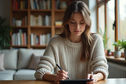 Jeune femme utilisant une tablette dans un salon cosy