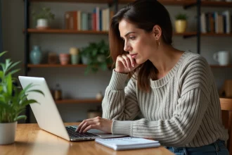 Femme assise à une table de cuisine avec ordinateur portable