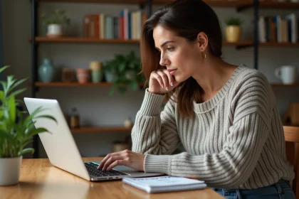 Femme assise &agrave; une table de cuisine avec ordinateur portable
