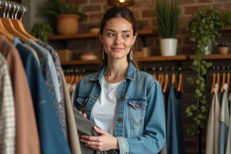 Femme dans une boutique écologique avec vêtements durables