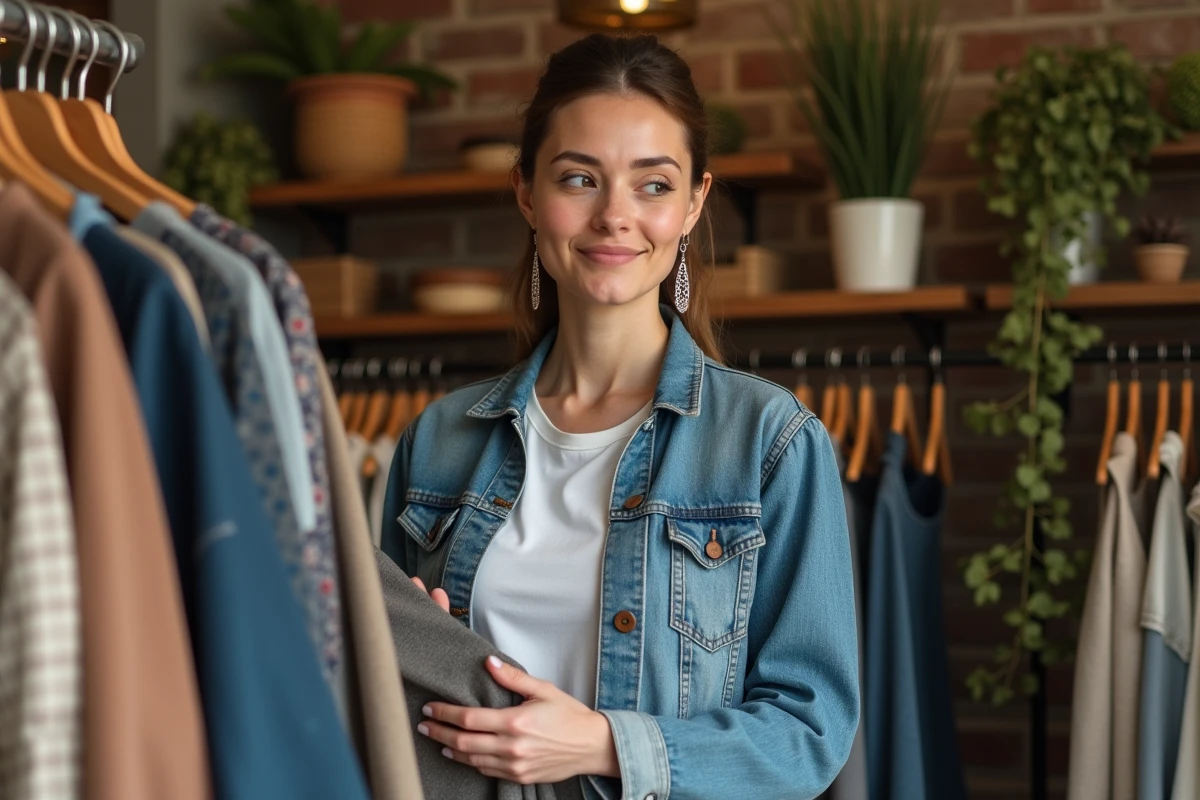 Femme dans une boutique écologique avec vêtements durables