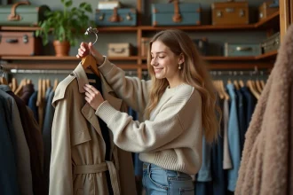 Jeune femme examine un trench beige dans une boutique vintage