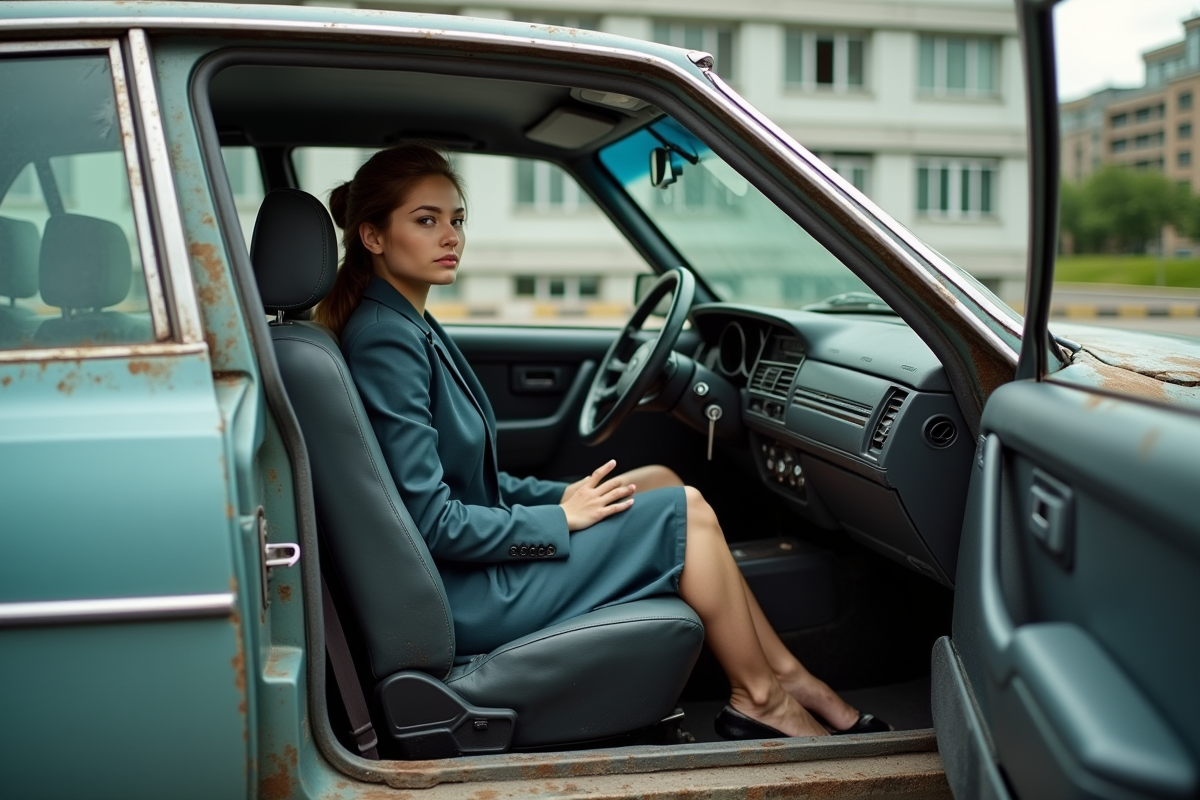 Jeune femme dans une voiture endommagee en ville