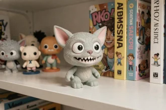 Figurine Labubu en vinyle avec grandes oreilles pointues et dents saillantes posée sur une étagère de collectionneur d'art urbain
