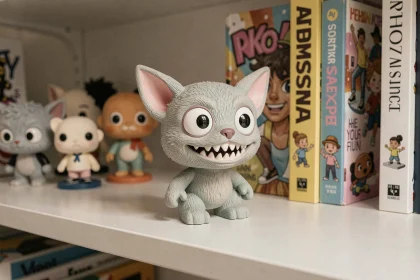 Figurine Labubu en vinyle avec grandes oreilles pointues et dents saillantes posée sur une étagère de collectionneur d'art urbain