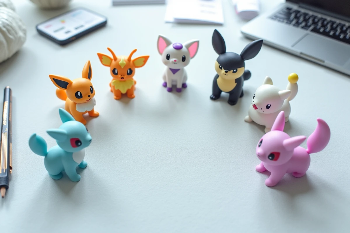 Figurines Pokémon de type Psy disposées en équipe sur fond gris avec fiches de stratégie compétitive