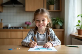 Fille souriante de 7 ans coloriant une moto en papier dans la cuisine chaleureuse