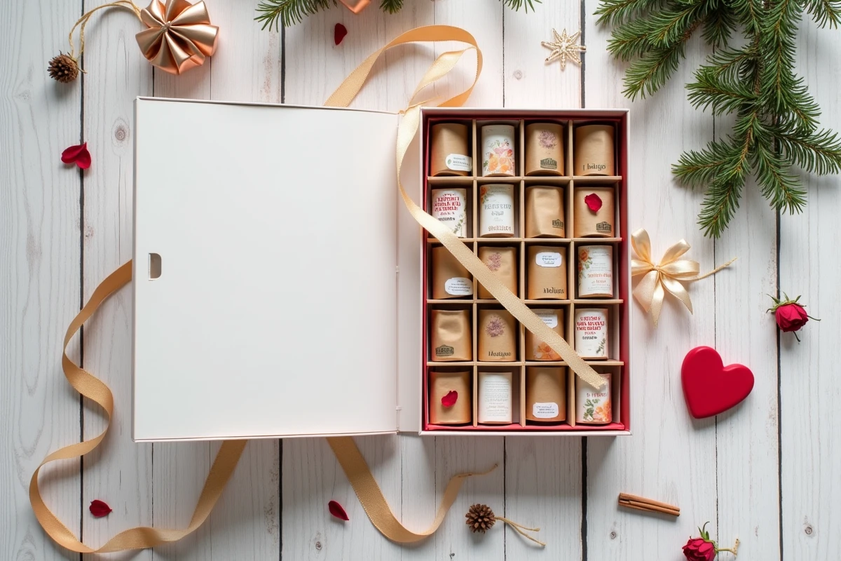 Vue de dessus d'un calendrier de l'avent Hugo New Romance ouvert avec ses petits cadeaux et livres de romance disposés sur une surface en bois