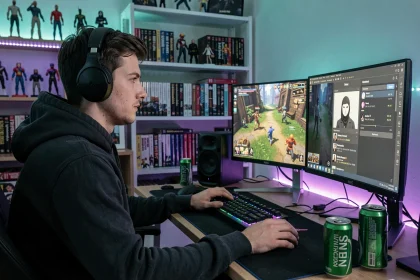 Jeune gamer masculin avec casque audio chattant anonymement sur double écran en jouant à un jeu en ligne