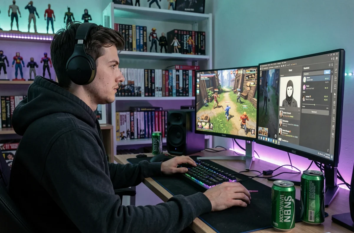 Jeune gamer masculin avec casque audio chattant anonymement sur double écran en jouant à un jeu en ligne