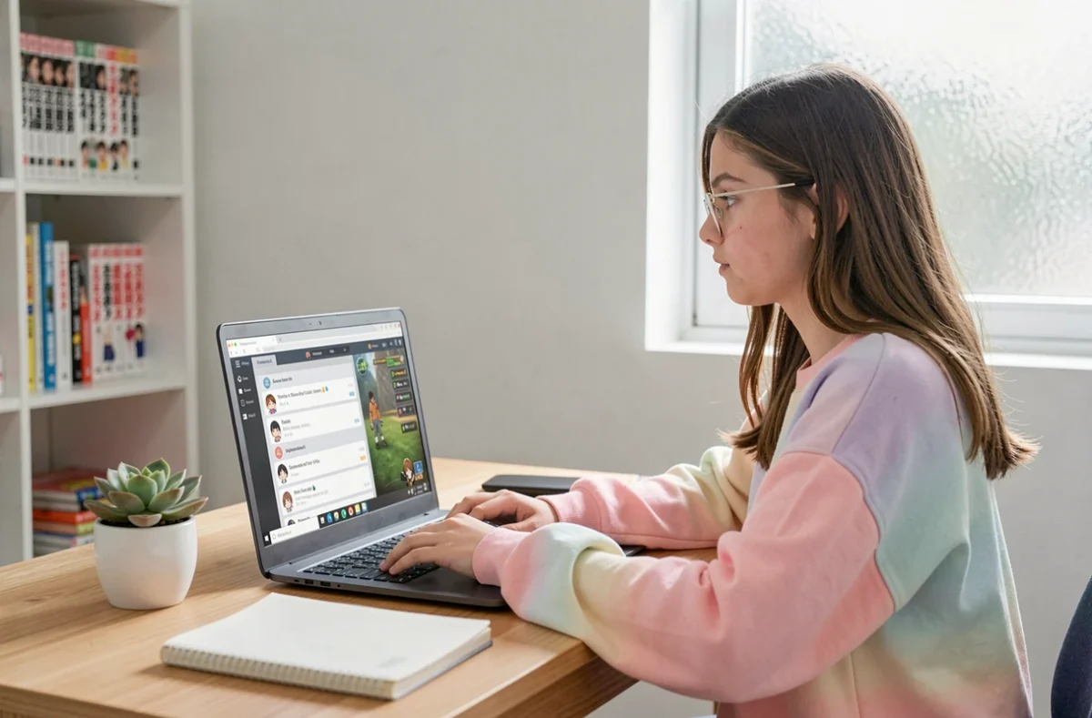 Adolescente gameuse utilisant un chat anonyme pour gamers sur ordinateur portable dans une chambre minimaliste