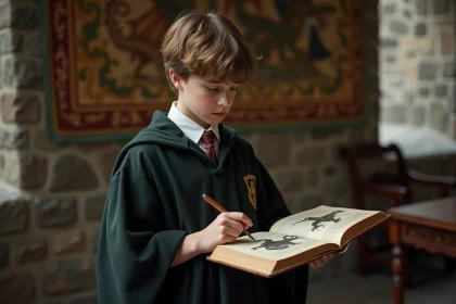 Jeune gar&ccedil;on en uniforme dans un ch&acirc;teau magique lisant un livre sur les dragons