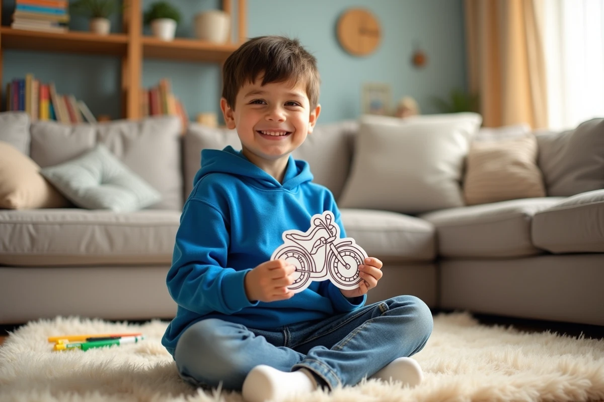 Garçon de 6 ans fiere tenant sa figurine de moto en papier dans le salon lumineux