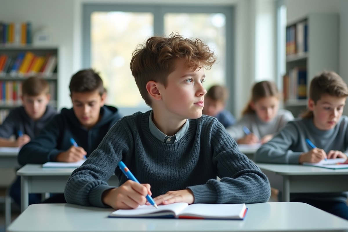 Garçon seul dans une salle de classe moderne