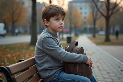 Gar&ccedil;on de 8 ans assis seul sur un banc dans un parc urbain