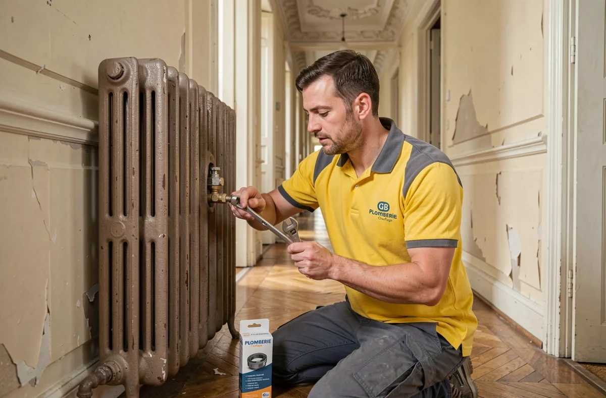 Technicien GB Plomberie Chauffage remplaçant un robinet thermostatique sur un radiateur fonte dans un couloir d'appartement ancien du Calvados