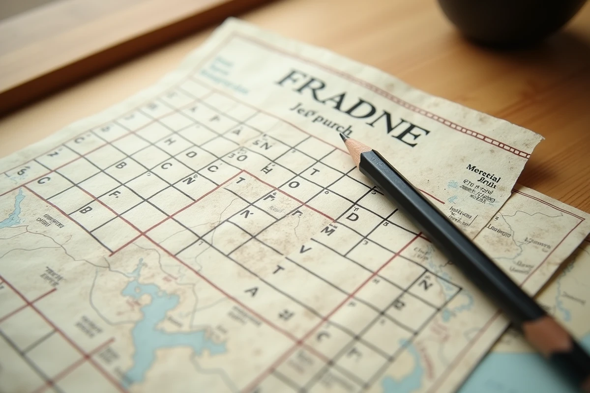 Grille de mots fléchés partiellement complétée avec une carte du Japon posée sur une table en bois