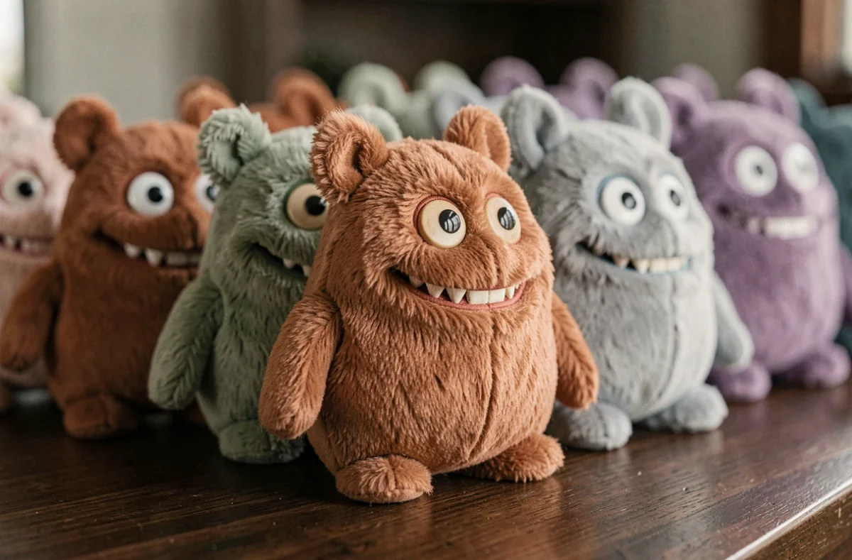 Gros plan sur une rangée de peluches Labubu aux couleurs variées avec détails de couture et expressions de monstres espiègles sur table en bois sombre