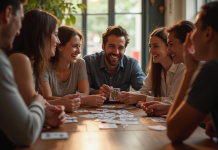 Groupe d'amis jouant aux cartes françaises en journée