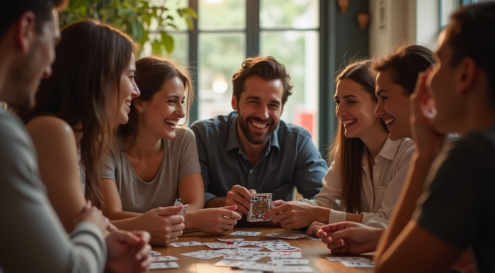 Groupe d'amis jouant aux cartes françaises en journée